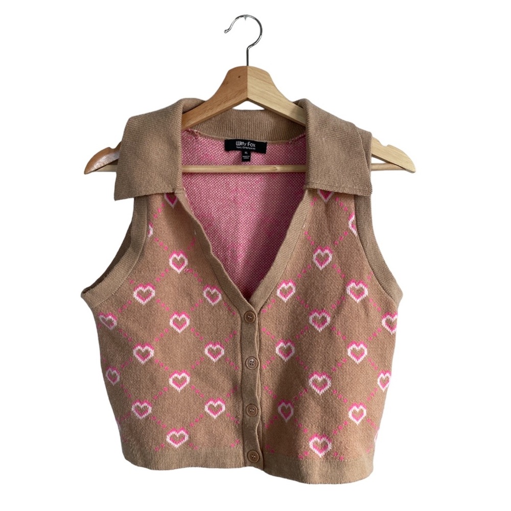 Witty Fox Young contemporary cropped sweater vest beige and pink  XL hearts